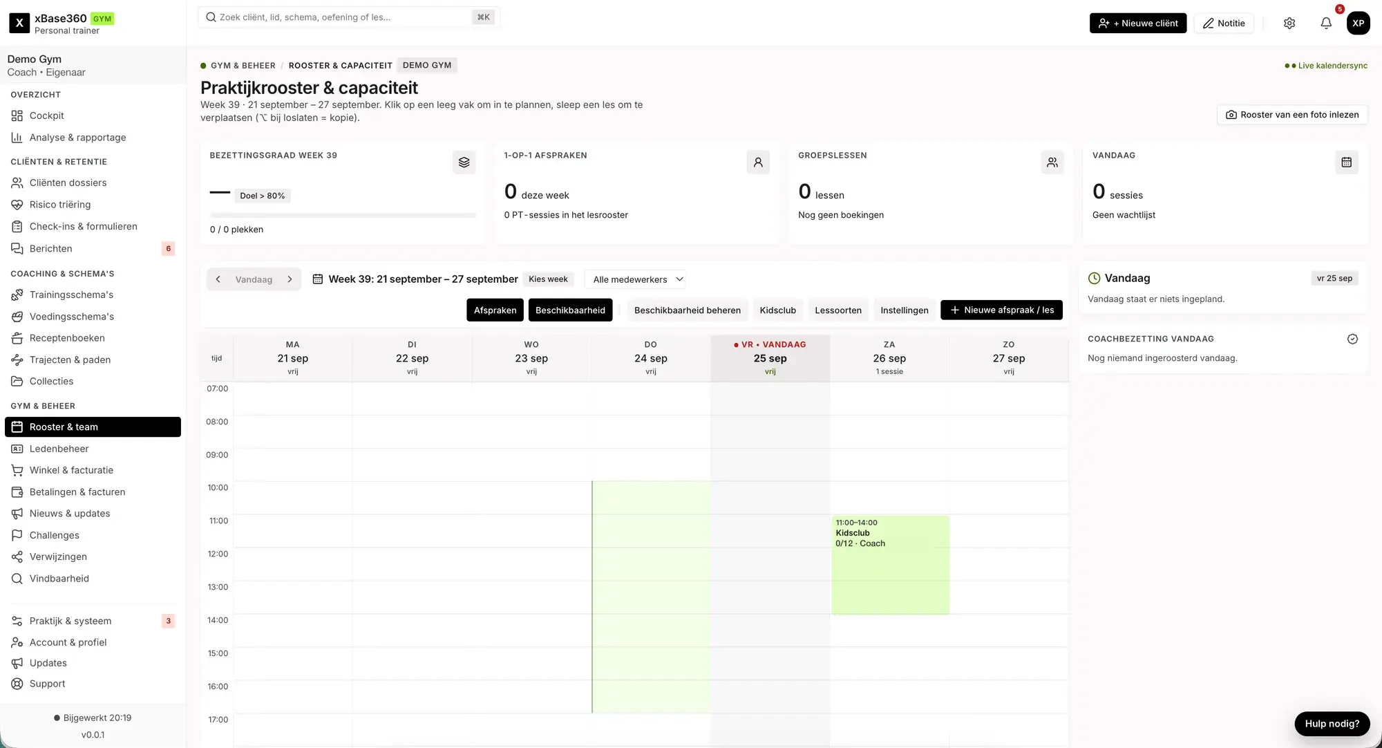 Het coach-dashboard: het praktijkrooster met de bezetting van de week, afspraken en groepslessen per dag.